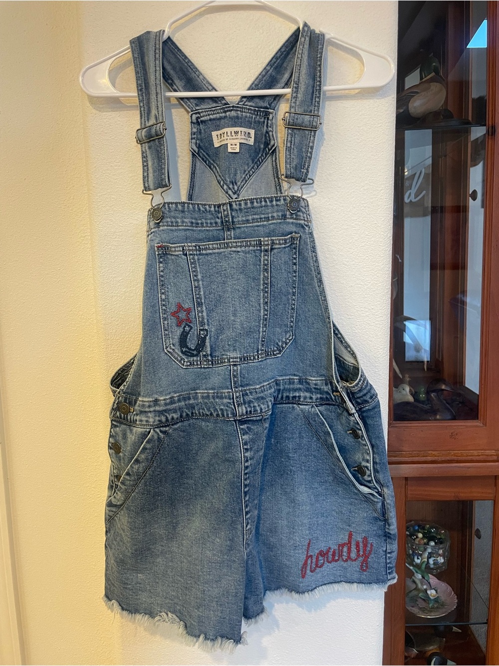 Idyllwind Denim Jean Short Overalls in Blue with Red Embroidery